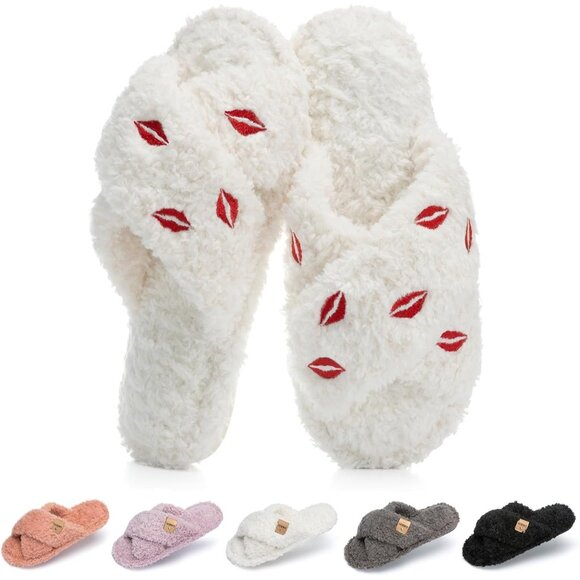 ⚡Women’s White Red Lips Faux Fur Cozy Fuzzy Cross Band Slippers House Shoes - Picture 1 of 6